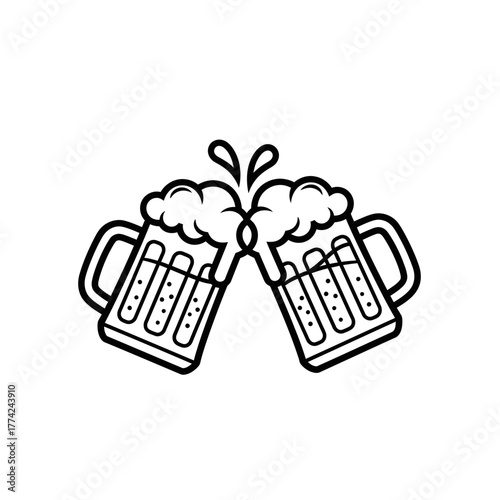 Beer Mugs Clinking Vector | Cheers Celebration Icon | Party Drink Outline Illustration