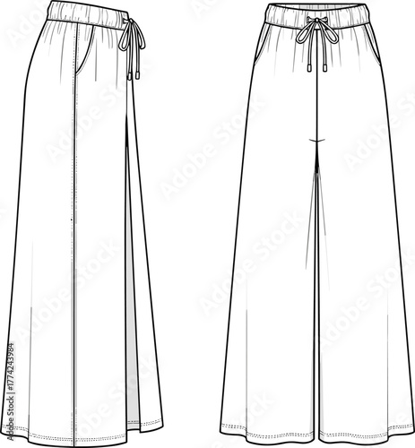 Wide leg pants front and side technical flat sketch, vector illustration, casual women trousers, elastic waist, drawstring, detailed CAD drawing