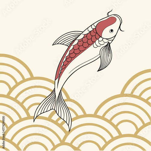 Japanese Koi Fish and Wave Pattern Illustration carp