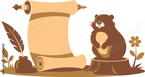 Cartoon Beaver With Scroll, Quill Pen, and Inkwell Illustration on a White Background
