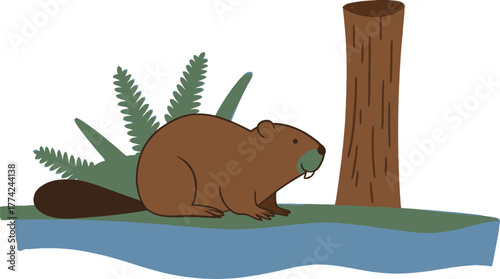 Cartoon Beaver Standing Near a Tree and Plants by the Water's Edge