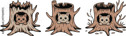 Cartoon Cats Peeking Out of Tree Stumps Cute Feline Illustration with Forest Detail