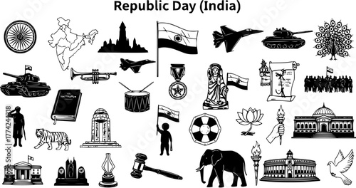 Indian Republic Day Collection: National Symbols, Patriotic Elements, and Cultural Icons. Black  White Vector Outline Illustrations.