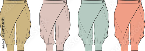 Fashionable women's cropped trousers in four pastel color options, showcasing a unique wrap design and ankle detailing