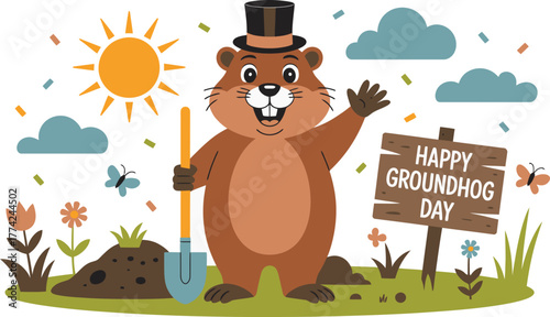 Cartoon Groundhog Day Illustration with a Smiling Groundhog, Sun, Flowers, and a Wooden Sign