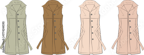 Sleeveless Trench Coats in Earth Tones Fashion Vector Illustration