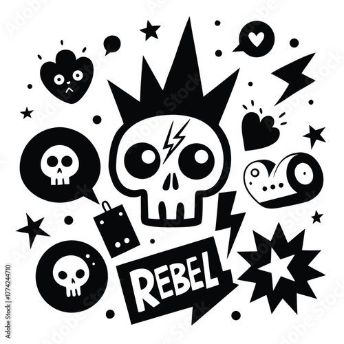 Punk Rock Skull with Crown and Speech Bubbles Keywords: skull, crown, punk, rebel, heart, speech
