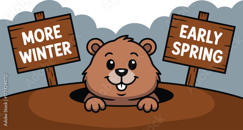 Cartoon Groundhog Predicting Either More Winter or Early Spring in His Burrow Illustration