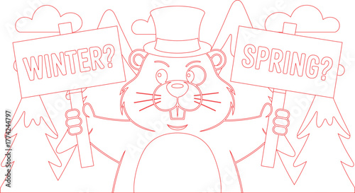 Cartoon Groundhog Wearing Top Hat Holding Winter? and Spring? Signs in Outline Drawing Style
