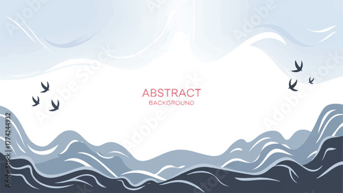 Abstract Landscape Background with Wavy Shapes and Flying Birds Keywords: abstract, background, landscape, wavy, shapes, birds, flying, sky, water