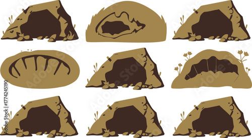 Cartoon Illustration of Multiple EarthColored Caves and Dens with Plants Against a White Background