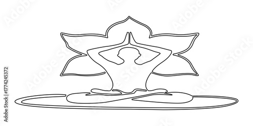 Yoga Lotus pose in one continuous line drawing. One line poster. Outline Yoga Lotus Pose. For interior design and presentations. Vector illustration.