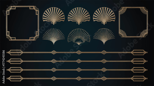Elegant Art Deco Design Elements Set in Gold Frames, Fan Motifs, and Geometric Borders for Design