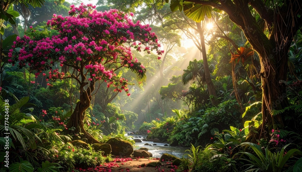Obraz premium Lush Jungle Stream - A Serene Natural Landscape.