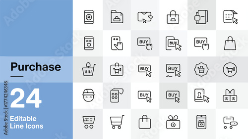 Collection of 24 editable line icons for online shopping, e-commerce, and shopping cart elements in EPS format