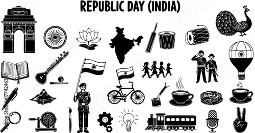 Republic Day India - Black  White Icons Set: Indian Culture, History, Landmarks, Symbols, Music, Food, and Daily Life Elements