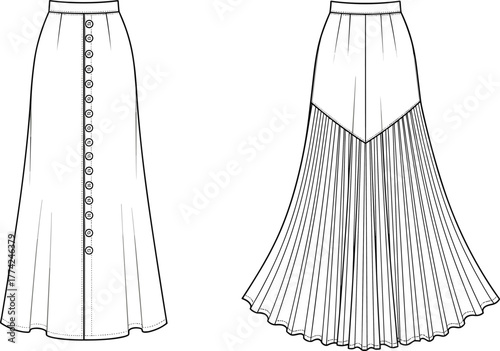 High waisted A line skirt, button front panel, pleated yoke skirt, technical garment flat sketch, cad drawing flat vector illustration