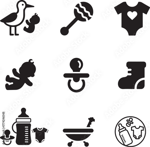 Set of Baby Shower Icons: several common symbols associated with a baby shower, designed in a flat, black and white vector style.