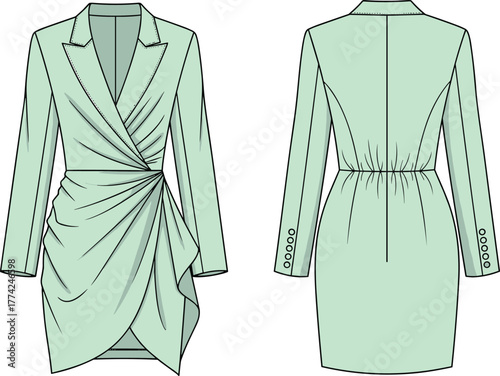 Elegant women’s mint green blazer dress, asymmetrical draped skirt, long sleeve tailored design, fashion flat sketch, cad drawing flat vector illustration