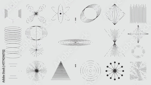 Collection of Abstract Geometric Line Icons Exploring Data, Technology, and Digital Connections for Design