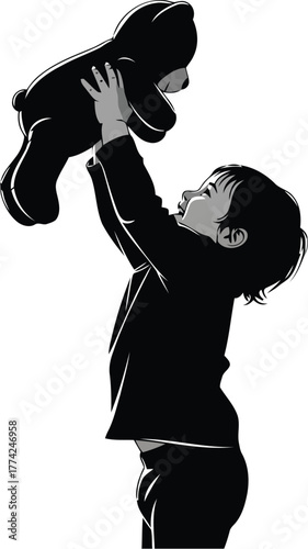 Child s joyful silhouette lifting teddy bear