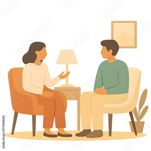 two people sitting on armchairs having a counseling session, cozy minimal room setup