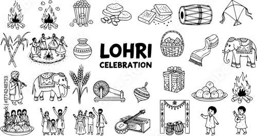 Lohri Celebration Line Art Illustration: Festive Indian Holiday Icons and Elements