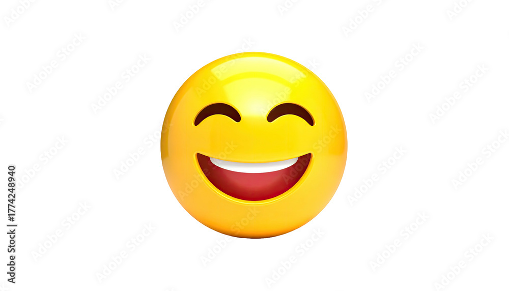 Fototapeta premium Cheerful, glossy yellow sphere with wide, smiling red-lipped mouth. Black background