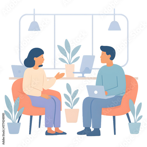 two people sitting on lounge chairs talking, coworking space environment, laptops and plants around