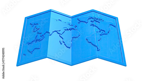 3D rendering of a blue folded map showcasing a world map
