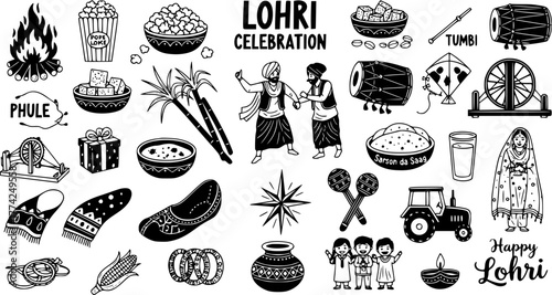 Lohri Celebration Icons: A Festive Vector Set for Indian Harvest Festival