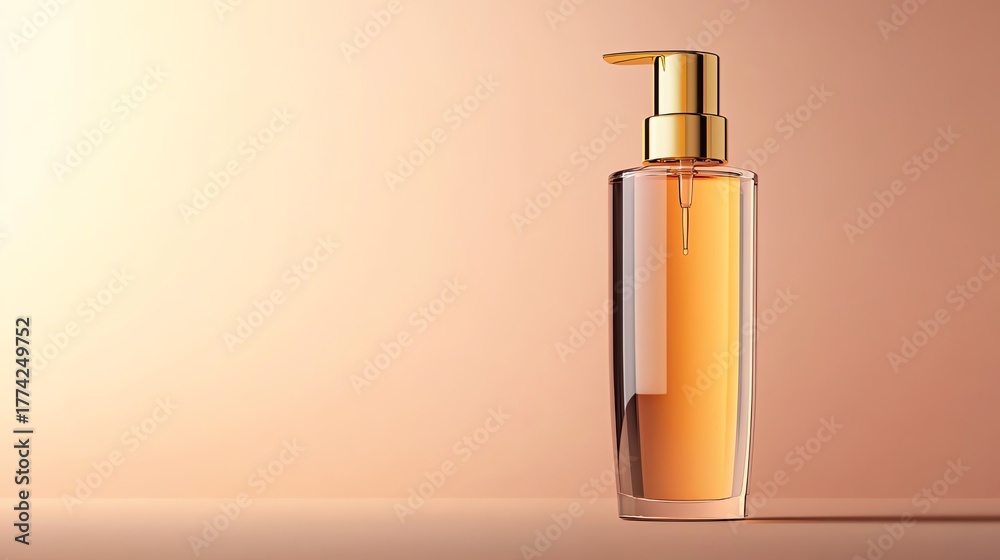 Naklejka premium A realistic render of a hair perm solution bottle with a gold cap, glowing against a neutral gradient background