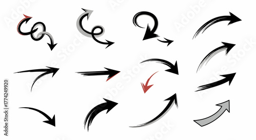 Vector illustration of various hand-drawn arrow designs pointing in different directions with artistic flair