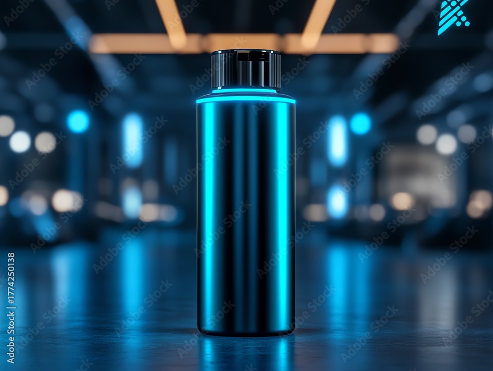 Fototapeta premium A vibrant blue hair perm spray can, glowing softly in an abstract futuristic studio