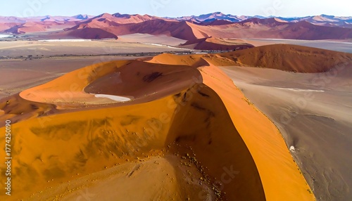 Fototapeta Naklejka Na Ścianę i Meble -  Aerial view of a sweeping orange sand dune in a desert landscape
