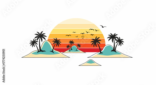 Tropical Paradise Vector Palm Trees, Islands, Sunset, and Birds in a Colorful Design