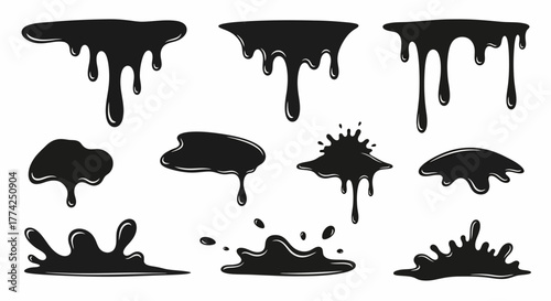 Vector Black Paint Drips Splatters Dripping Liquid Effects for Graphic Design