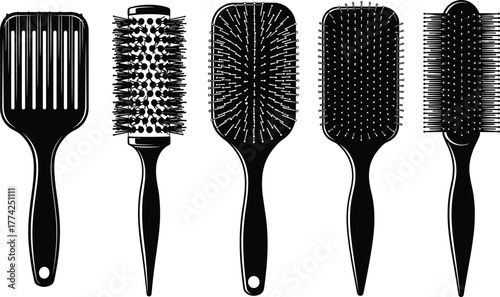 Vector set of five different hairbrushes for styling, detangling, grooming, curling, blow-drying, and smoothing various hair types
