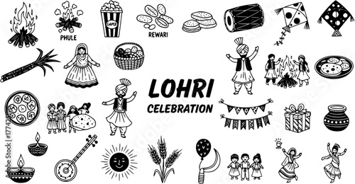 Lohri Celebration Doodle Set: Traditional Indian Festival with Bonfires, Sweets, Kites and Dancing