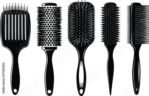 Vector set of five unique hairbrush designs for styling, detangling, blow-drying, smoothing, scalp care, and professional grooming tools.