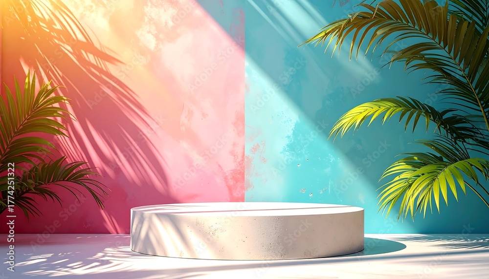 Obraz premium A white pedestal with tropical foliage and color-split background