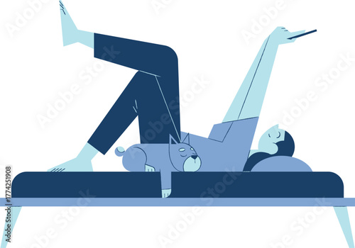 Flat illustration of person relaxing with dog on bed, comfort