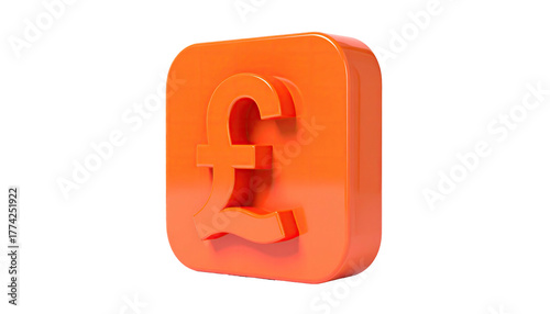 Shiny, orange 3D British pound symbol within a rounded square on black