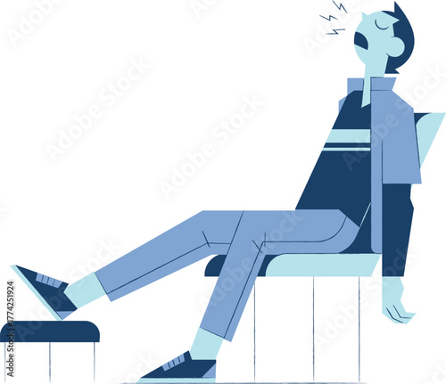 Man yawning tiredly on chair with feet on stool, exhaustion