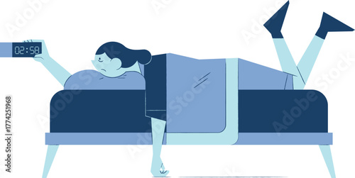 Sleepless person struggles with insomnia, early morning alarm
