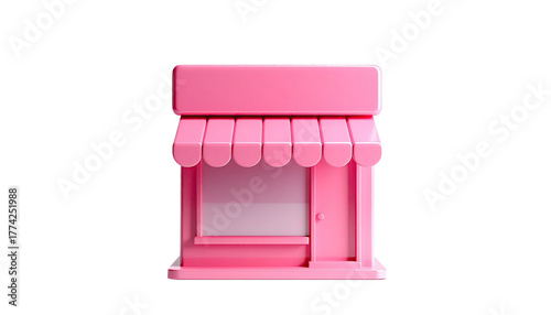 A stylized pink storefront with awning, door, and window on a black background
