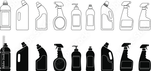 Cleaning product bottle silhouette and outline set for detergent, spray, pump packaging design, household hygiene, and vector illustration elements