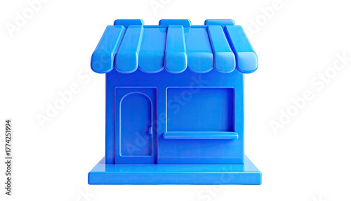 A 3D-rendered, solid blue store icon against a black background