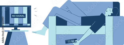 Home leisure, person relaxing on couch, 'no signal' tv screen