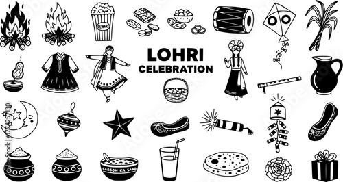 Lohri Celebration Doodle Set - Hand-Drawn Icons of Traditional Punjabi Harvest Festival Elements, Food, Bonfire, Dance, and Cultural Symbols on White Background